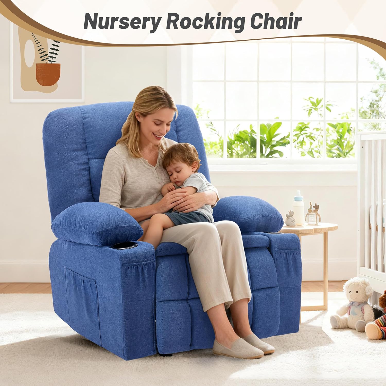 Rocker Recliner Chair with Massage and Heat, Nursery Rocking Chairs for Living Room, Ergonomic Comfy Relining Chair with Cup Holders, USB Charge Port, Side Pockets, Recliner Sofa, Blue