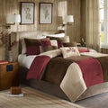 Madison Park Cozy Comforter Set Casual Blocks Design All Season, Matching Bed Skirt, Decorative Pillows, King(104"x92"), Red Brown, 7 Piece