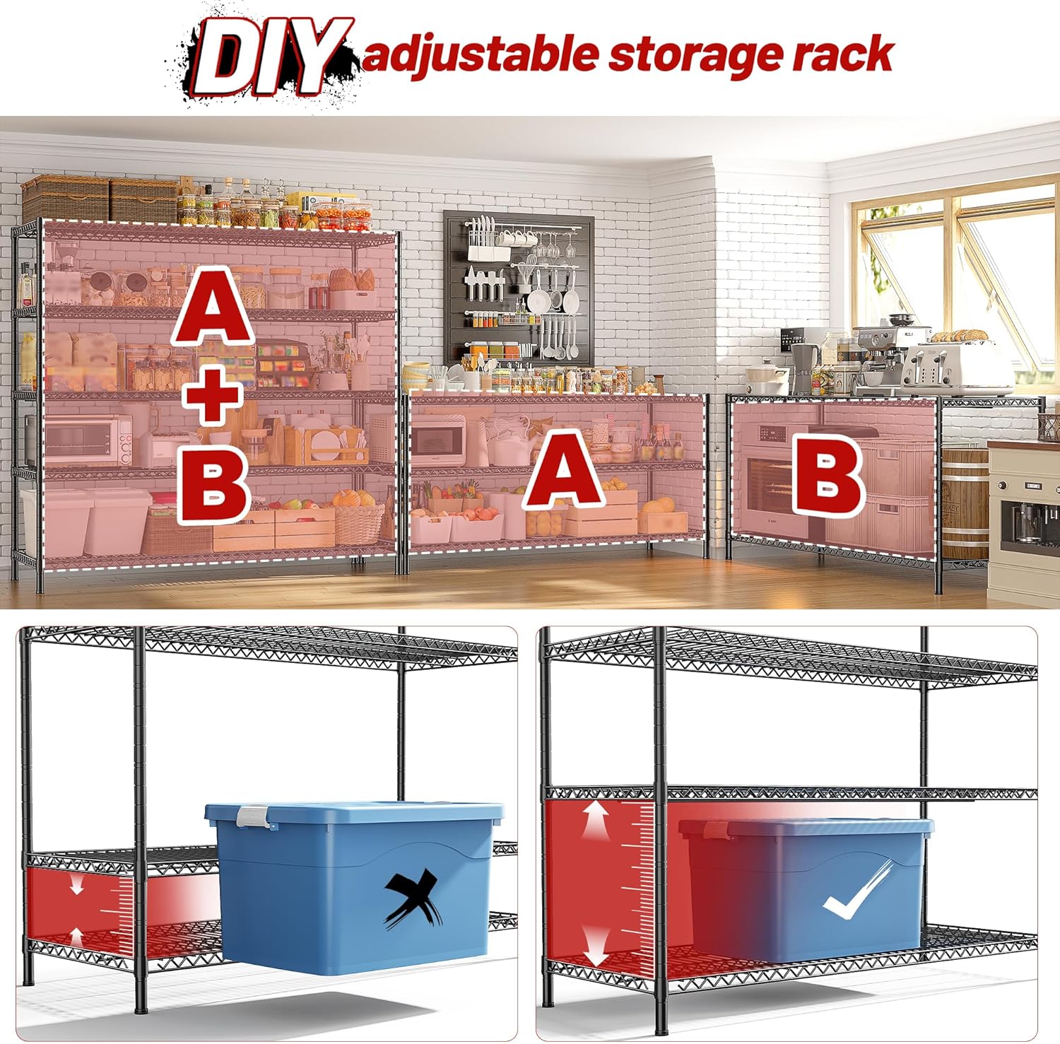 REIBII 3200LBS Storage Shelves 55.5" W Garage Shelving Heavy Duty 5 Tier Adjustable Wire Shelving Unit Metal Shelving for Garage Pantry Commercial Basement,55.5" W X 18''D X 71" H