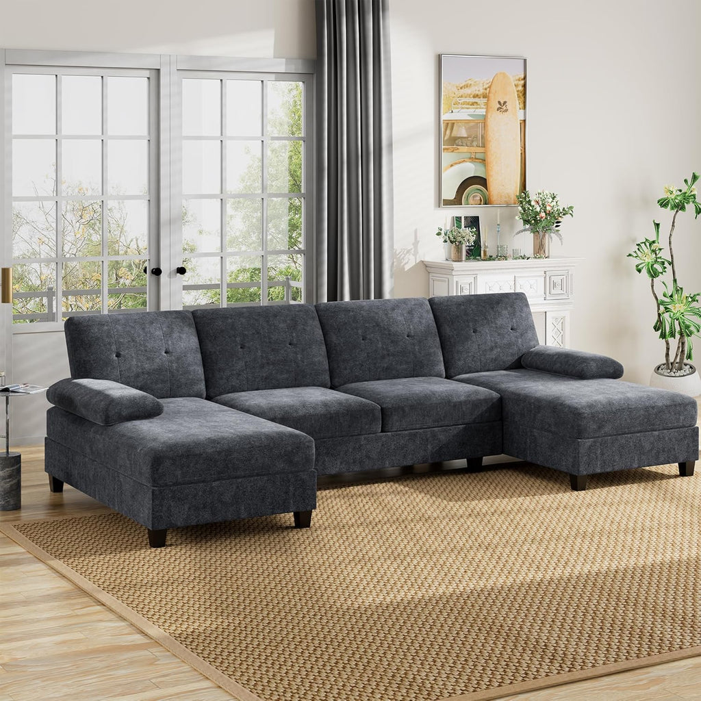 U-Shaped Sectional Couches for Living Room, 4 Seat Sofa with Double Chaise Lounges,Solid Wood Frame Sectional Sofa for Apartment,Dark Grey