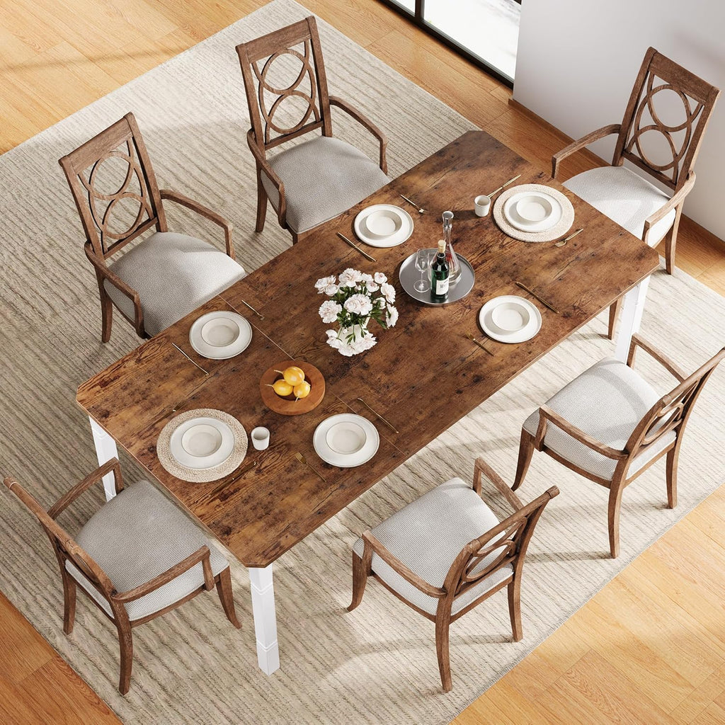 Garvee Large Dining Table for 6-8 People, 79" Wooden Kitchen Table with Sturdy Metal Frame, Dining Room Table for Dining Room, Kitchen, White Leg & Retro