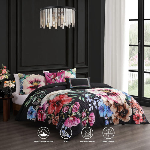 Bebejan Black Night Poppies 5 Piece Comforter Set, 100% Cotton Sateen, 220 Thread Count, Reversible Bedding Comforter Set, 1 Comforter, 2 Shams & 2 Pillows (King/Cal King)
