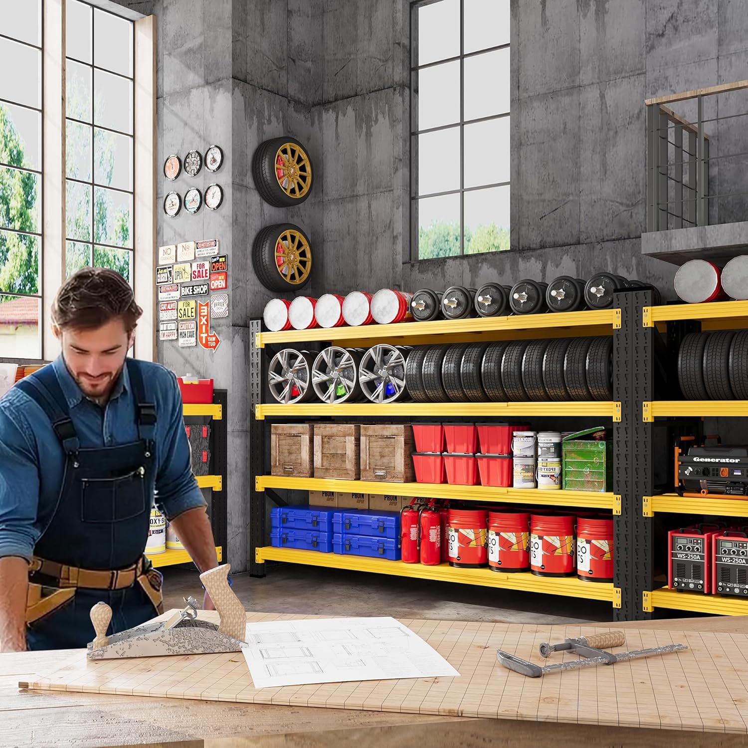 71”W Garage Shelving Units, 5000LBS Storage Shelves Heavy Duty, 24" Deep Metal Shelving Rack, 4 Tier Large Tall Industrial Shelving , Adjustable Standing Shelf for Warehouse / Shop 71"W x 24"D x 70"H