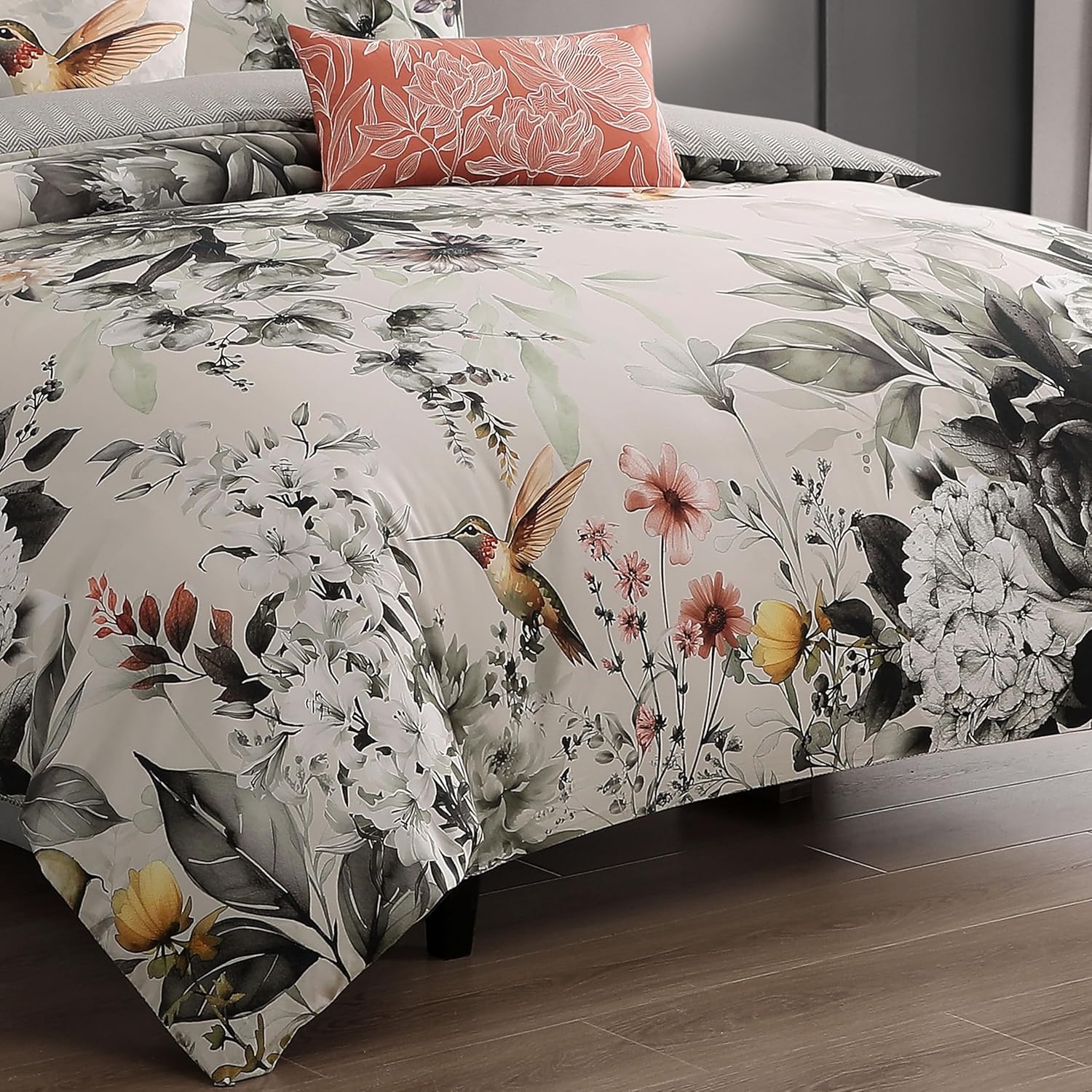 Bebejan Vintage Bloom 5 Piece Comforter Set, 100% Cotton Sateen, 220 Thread Count, Grey Reversible Bedding Comforter Set, 1 Comforter, 2 Shams & 2 Pillows (King/Cal King)