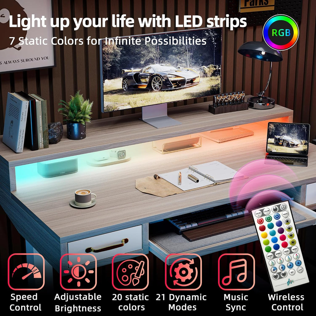 TIQLAB Standing Desk with Two Drawers, Stand Up Standing Desk Adjustable Height, Electric Sit Stand Table with Storage Shelf and Splice Board, with LED Light, 47 * 28 inch, Light Walnut