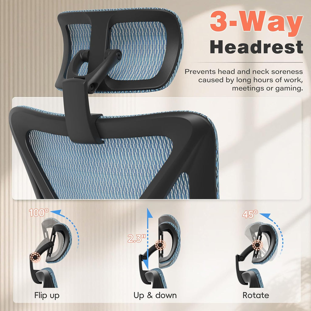 GABRYLLY Ergonomic Office Chair - 135° Reclining Desk Chair with Adjustable Lumbar Support, 3D Armrest, Large Headrest & Heavy Duty Steel Base, 300LBS Mesh Task Chair, Navy Blue