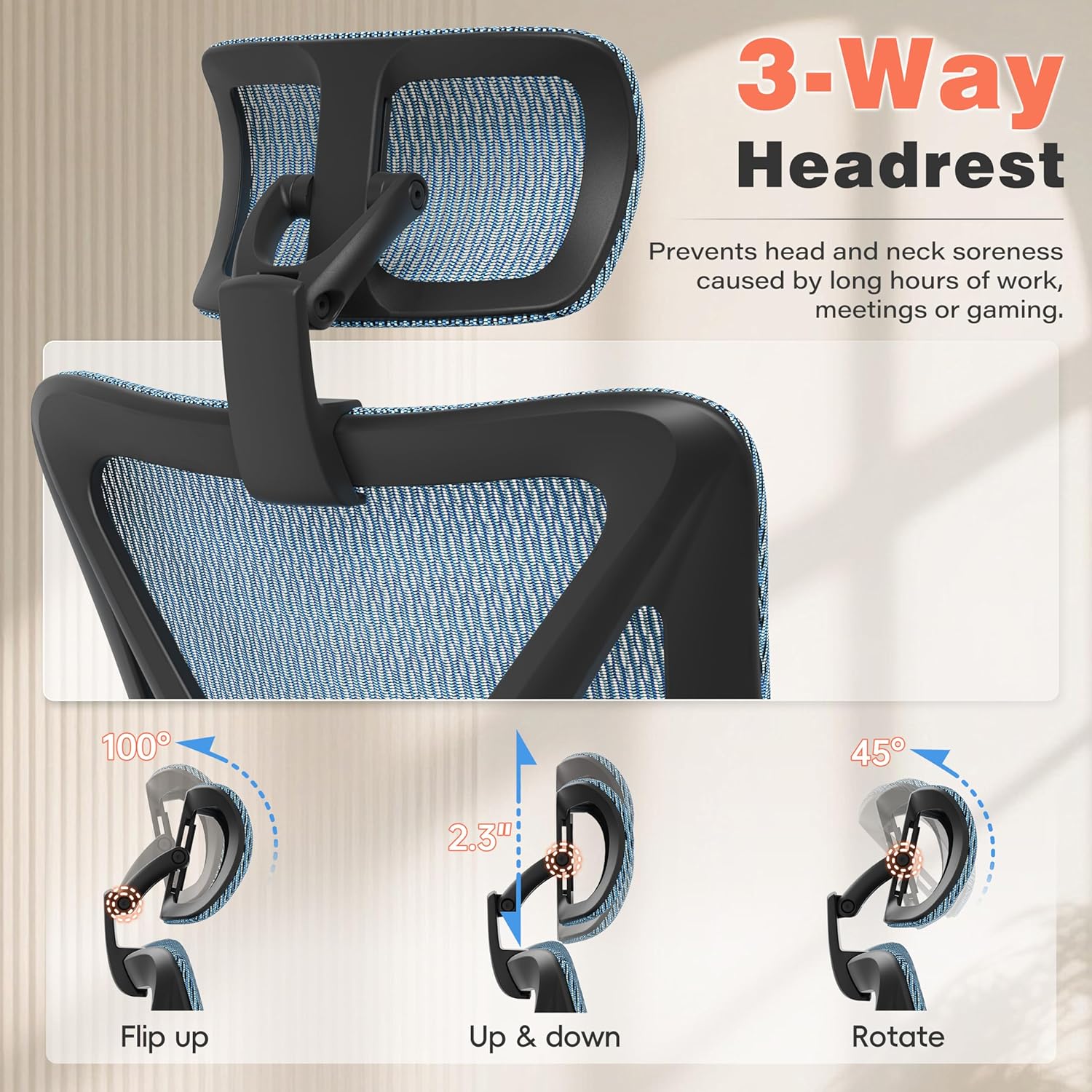 GABRYLLY Ergonomic Office Chair - 135° Reclining Desk Chair with Adjustable Lumbar Support, 3D Armrest, Large Headrest & Heavy Duty Steel Base, 300LBS Mesh Task Chair, Navy Blue