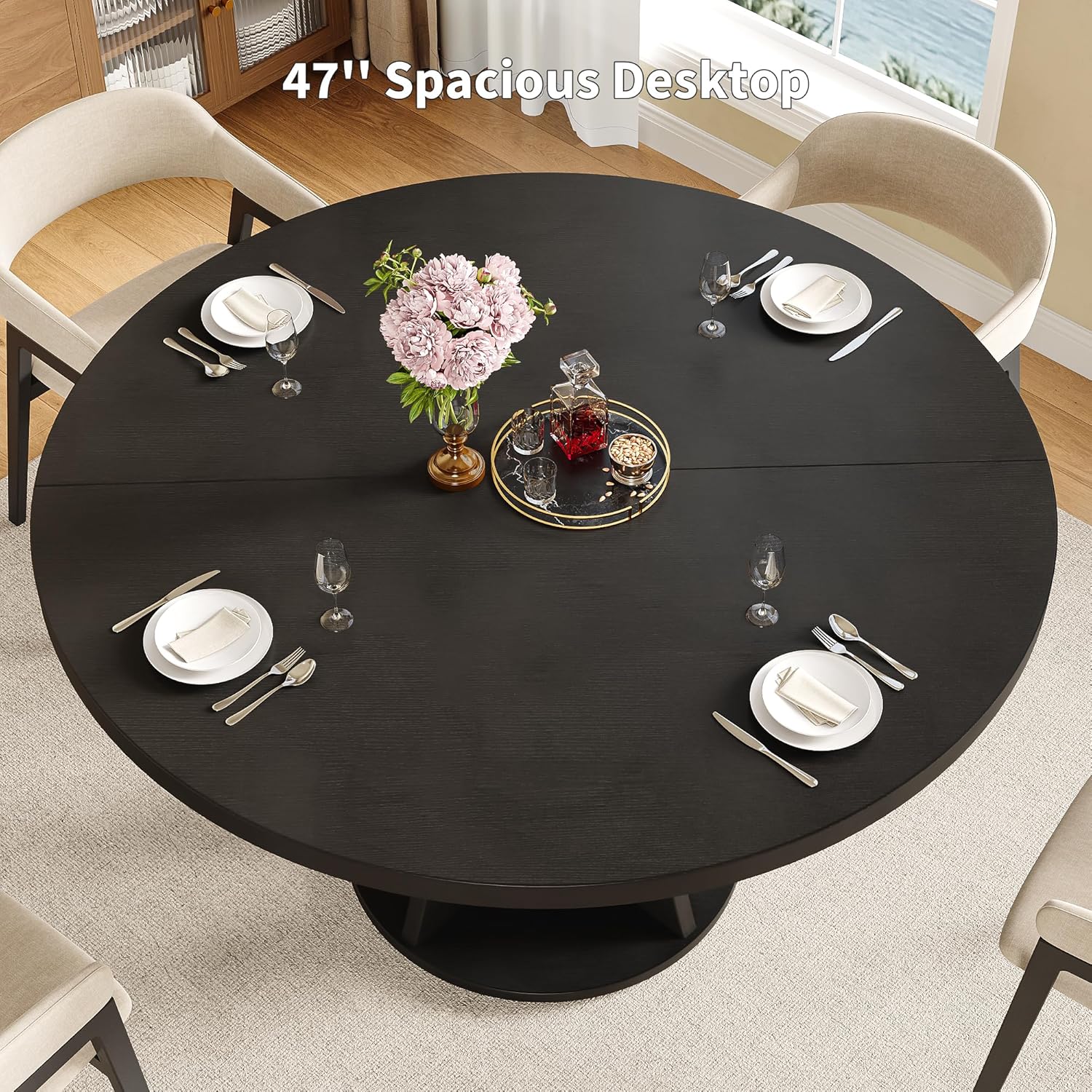 iPormis 47 Inch Round Dining Table for 4-6 People, Wooden Dining Room Table with Pedestal Base, Modern Kitchen Table for Small Spaces, Black, Table Only