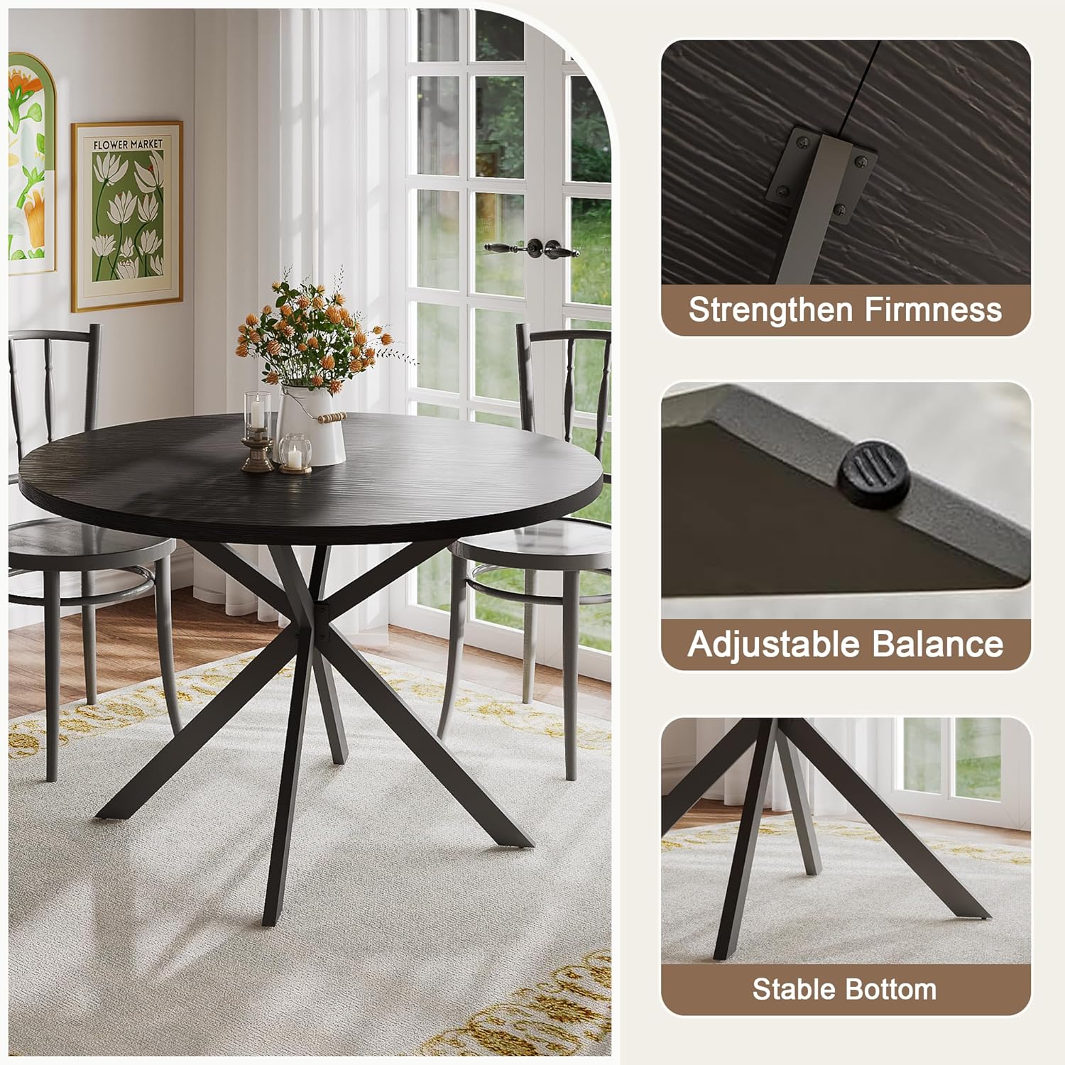 ChooChoo 47.2 Inch Round Dining Table for 4, Farmhouse Wood Kitchen Table, Circle Dinner Table for Kitchen & Dining Room, Black