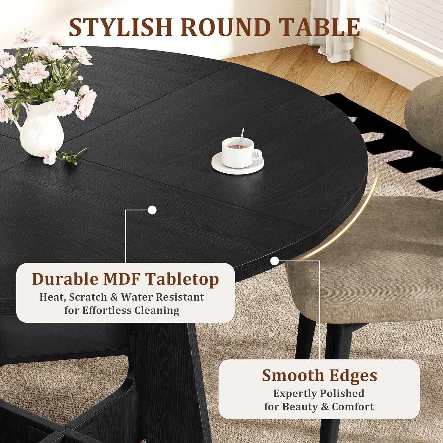 Round Dining Table for 4-6, 47" Kitchen Table for Dining Room, Modern Black Dining Table, Circle Kitchen Table for Living Room, Apartment