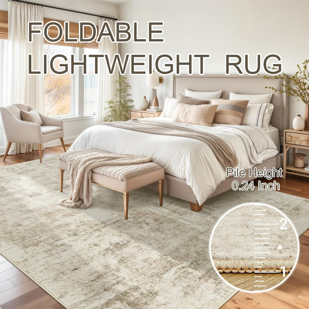 Soalmost 9x12 Area Rug for Living Room, Abstract Non Slip Machine Washable Vintage Carpets, Low Pile Lightweight Large Rug for Bedroom, Dining Room, Home Office Beige Gray