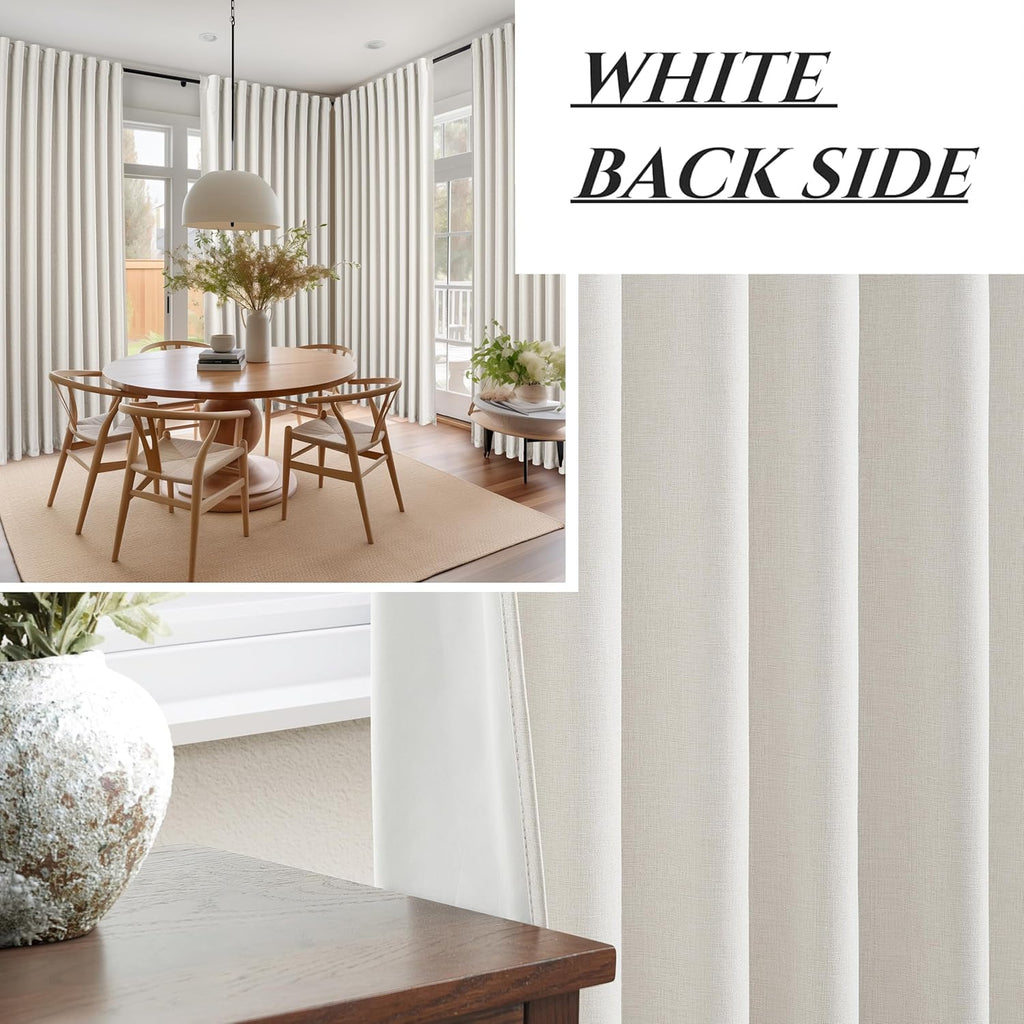 QJmydeco Curtains 100 Inch Length Wide Pleated Blackout Curtain for Sliding Glass Door/Living Room, Farmhouse Birch Linen Thick Boho Bedroom Heavy Insulated Large Window Drapes (100" Wx90 Lx2Panels)