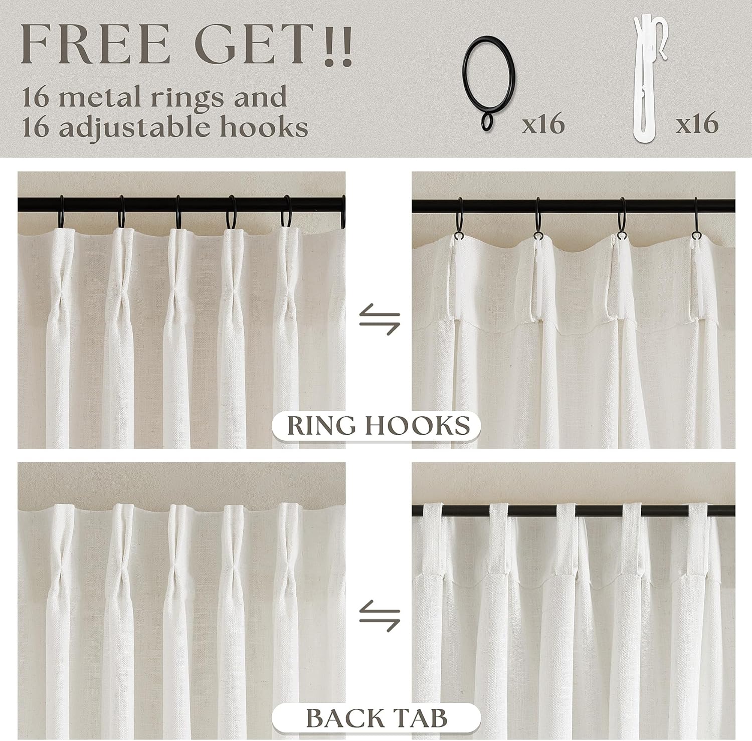 Extra Wide Pinch Pleat 100 x 102 Inch Linen Curtains for Living Room Cream Ivory Light Filtering Semi Sheer Pleated Curtains for Patio Glass Sliding Door Dining Bedroom Large Window 100x102 1 Panel