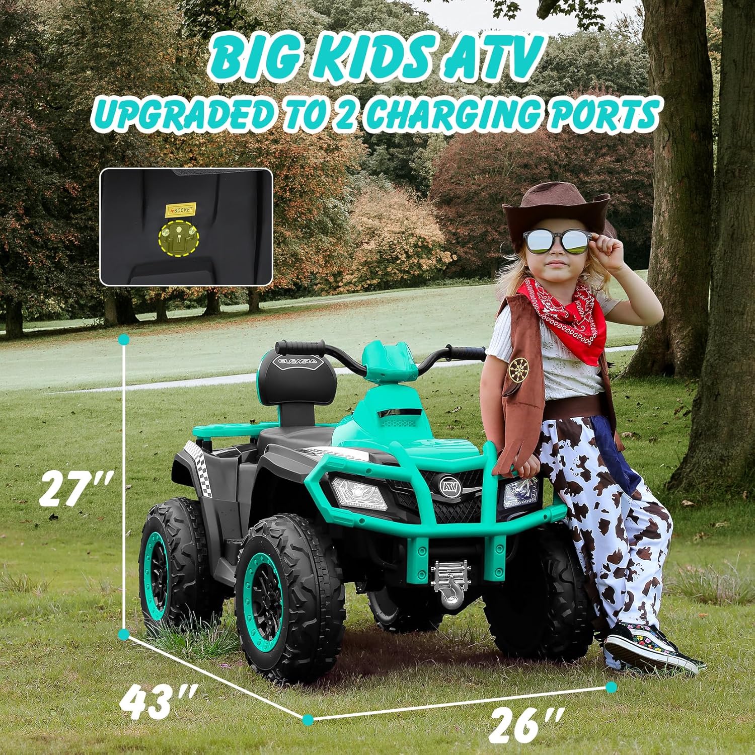ELEMARA 24V 2 Seater Ride on ATV for Big Kids, Kids 4 Wheeler Battery Operated Toy, 5mph Max Speed,Electric Vvehicle,LED Headlights,Music,ATV for Kid Electric Quad for Boys & Girls, Light Green