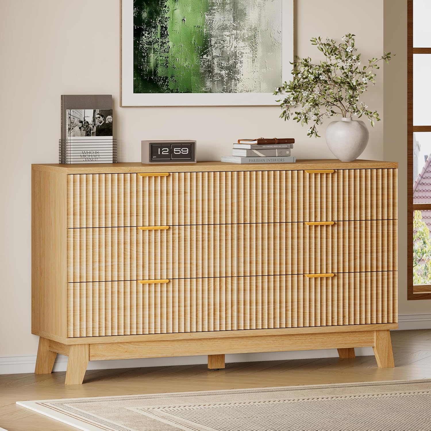 BORNOON 53" Long Dresser for Bedroom, 6-Drawer Dresser with Fluted Fronts, Wide Wood Chest of Drawers, Smooth Metal Slides, Stable Base, Modern Clothes Storage Cabinet for Living Room, Hallway