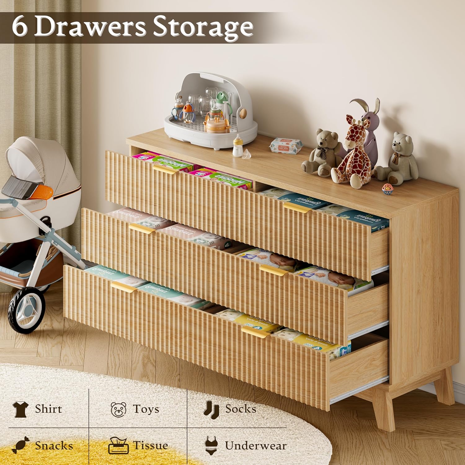 BORNOON 53" Long Dresser for Bedroom, 6-Drawer Dresser with Fluted Fronts, Wide Wood Chest of Drawers, Smooth Metal Slides, Stable Base, Modern Clothes Storage Cabinet for Living Room, Hallway