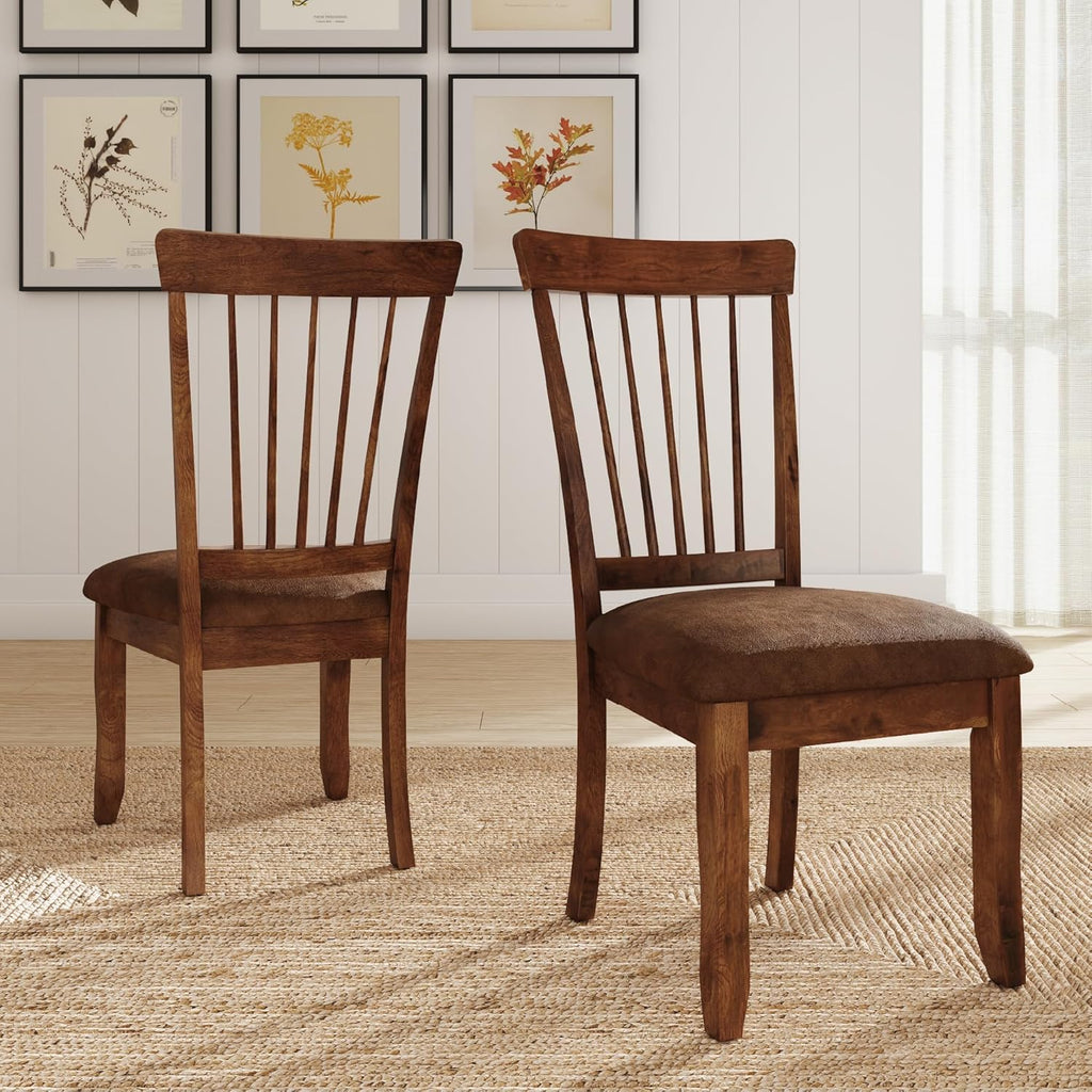 Signature Design by Ashley Berringer Dining Chairs Set of 2, Classic Wood Spindle-Back Design, Cushioned Microfiber Seat, Rustic Finish for Kitchen & Dining Room Chair, Walnut