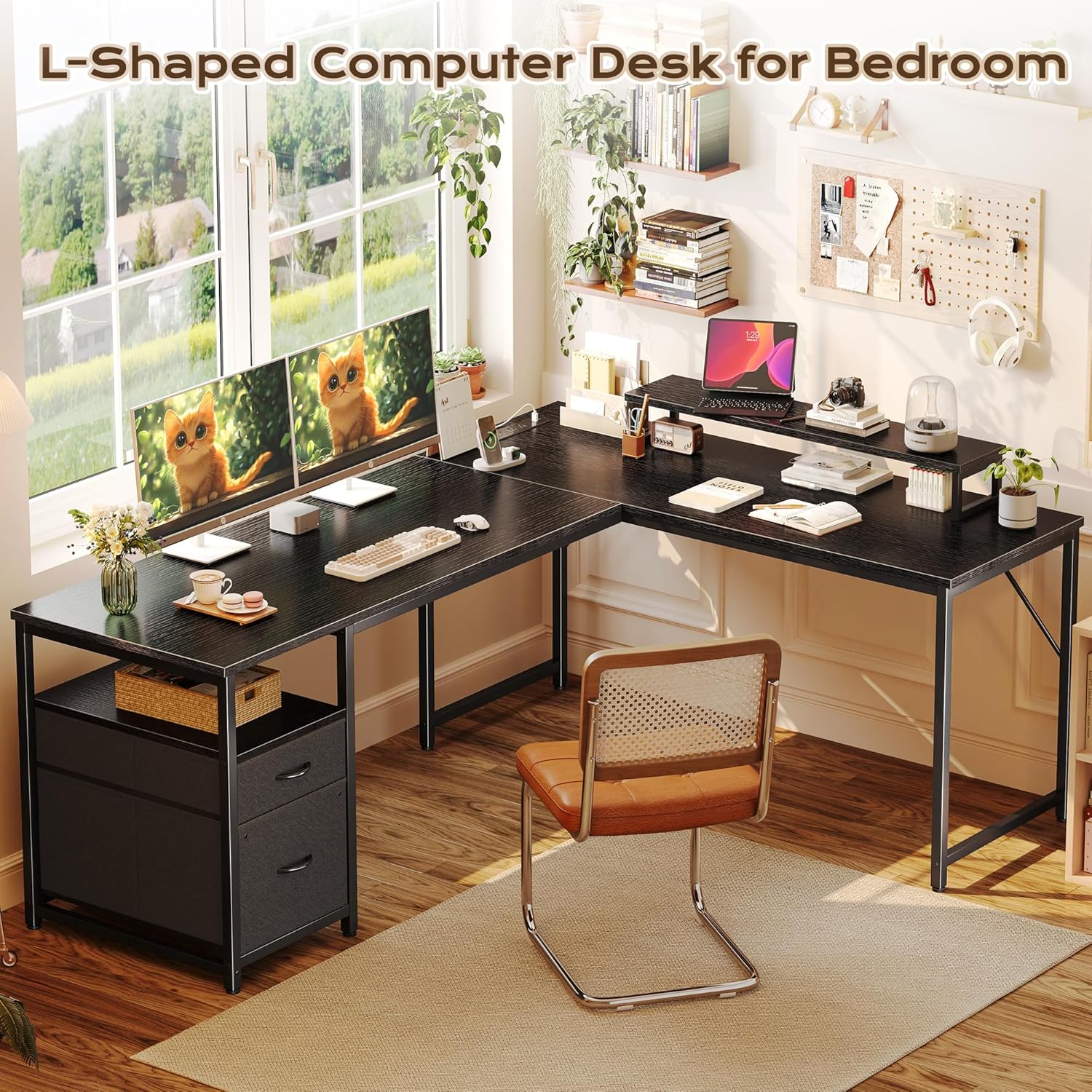 PRAISUN 63 Inch L Shaped Desk with Power Outlets and USB-C Port, Computer Corner Home Office Desk with File Fabric Drawers and Movable Monitor Stand, Larger Storage, Gaming, Writing, Work, Black
